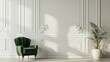 © Lasvu - Stylish green armchair in a living room with elegant white wall decor featuring rococo details