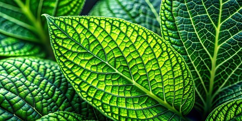 The intricate web of veins on a vibrant green leaf, illuminated by sunlight, showcasing nature's delicate artistry.