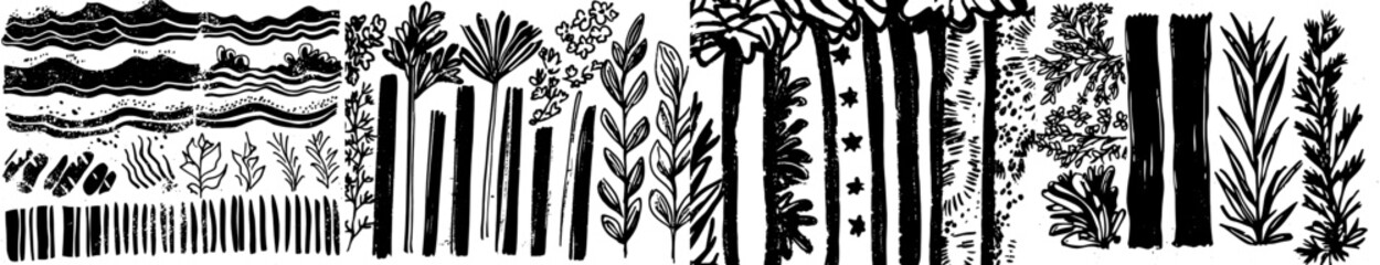 Poster - abstract sketch background set with stripes spots waves and dots. seamless ink brush repeat patterns