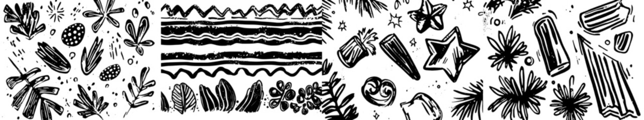 Poster - Modern abstract decorative covers set with geometric doodle patterns and seamless prints. Strokes and rings as well as dots and lines. Colorful sketch ornaments.