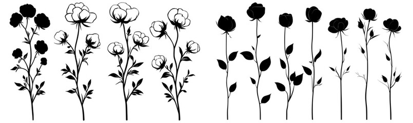Poster - Black and white isolated modern clipart set featuring stylized cotton flowers. Organic fluffy boll plant. Clothing decorative elements packaging fabric labels.