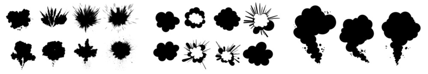 Poster - A set of explosions cloud icons. Fire burst effect with dynamite nuclear bomb that blows up dust cloud. Bang attack blast. Simple black and white flat style isolated modern clipart collection.