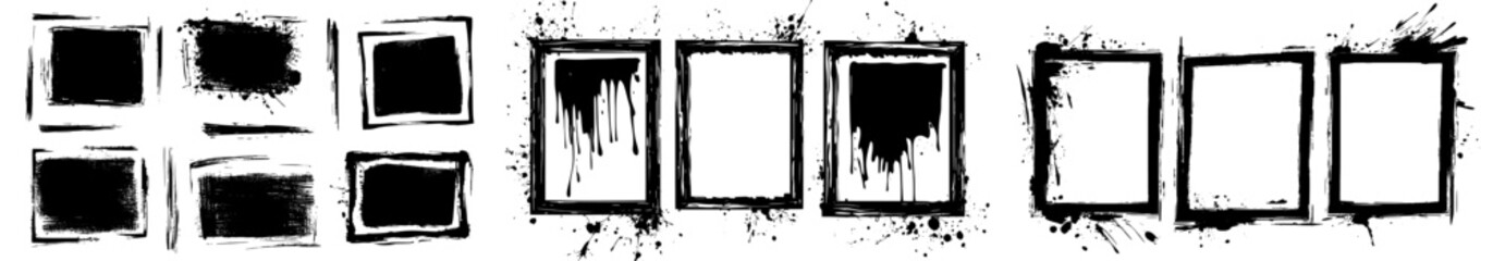 Wall Mural - Set of graffiti stencil frames. Color splashed grungy texture borders with drips and splashes. Rectangular, square, round shapes. A simple black and white flat banner isolated on a white background.