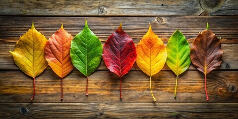 Wall Mural - A row of autumn leaves showcasing the cycle of change, transitioning from vibrant green to golden yellow, then rich red, and finally a deep brown, all arranged on a rustic wood surface.