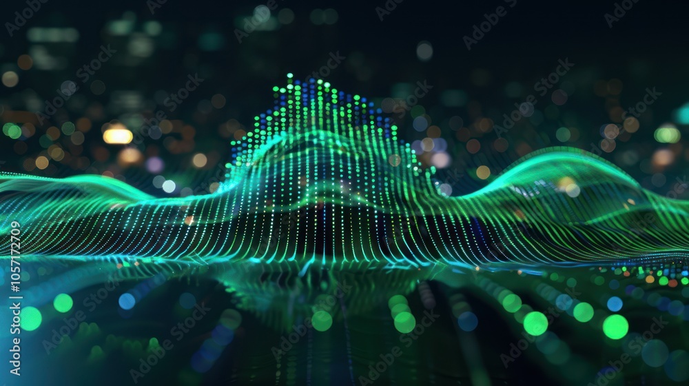 Abstract Digital Wave Pattern with Green and Blue Lights