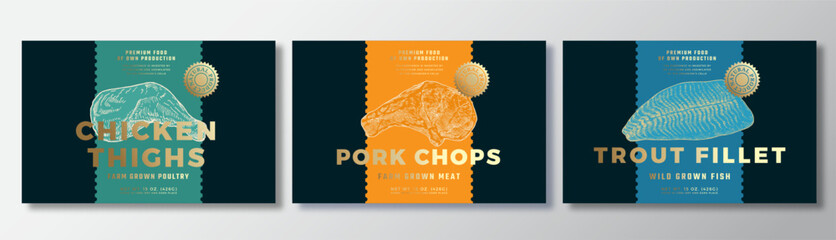 Wall Mural - Beef Steak, Chicken Thighs, Trout Fillet Vector Packaging Label Design Templates Set. Product Banner, Hand Drawn Meat, Fish and Poultry Sketches. Food Background Layout with Gold Foil Isolated