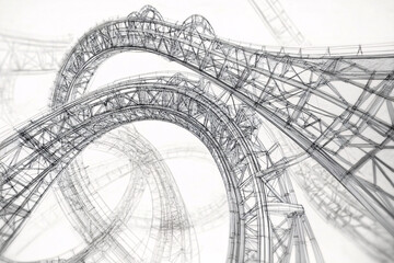 A close-up view of a curved architectural wireframe with complex intersecting metal beams in black linework over a white background for a modern aesthetic
