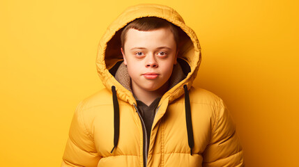 Portrait of smiling laughing teenager guy with Down syndrome yellow background.
