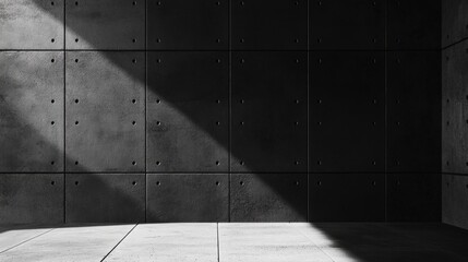Poster - A black and white photo of a room with a wall of concrete blocks