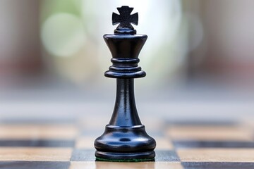 A close-up of a black chess king piece positioned on a wooden chessboard, showcasing its intricate design and details.