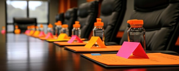 Poster - A modern conference room setup featuring a long table, water bottles, and colorful stationery, creating an inviting atmosphere for meetings.