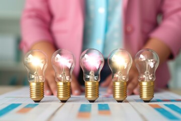 Poster - Five glowing light bulbs represent creativity and innovation, set against a colorful chart, emphasizing ideas and inspiration.