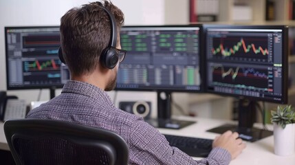 Poster - A focused individual analyzes financial data on multiple monitors, using headphones in a modern office environment.