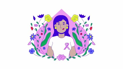 Fototapete - Indian woman promoting breast cancer awareness 2D animation. Mammogram campaign 4K video motion graphic. South asian female wears pink ribbon animated character cartoon flat concept, white background