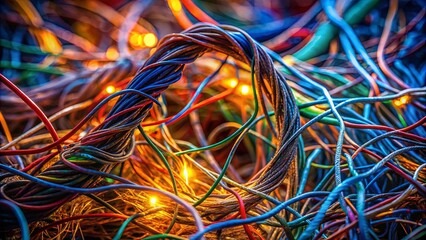 A tangled web of multi-colored wires with glowing orbs of light illuminating the intricate network