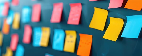 Poster - A colorful arrangement of sticky notes on a dark surface, showcasing various hues and creating a vibrant, organized display.