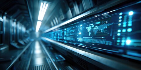 Poster - A futuristic corridor featuring glowing screens with digital displays, creating a sci-fi atmosphere.