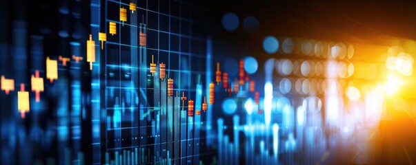 Poster - A vibrant digital representation of market trends, displaying colorful candlestick charts and glowing data lines against a dark background.