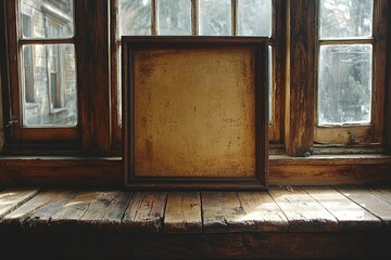 Wall Mural - A weathered picture frame sits on a rustic windowsill