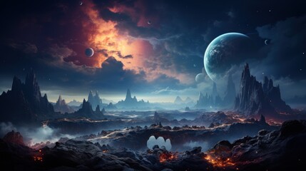 Canvas Print - A dramatic cosmic landscape featuring planets, mountains, and fiery skies.