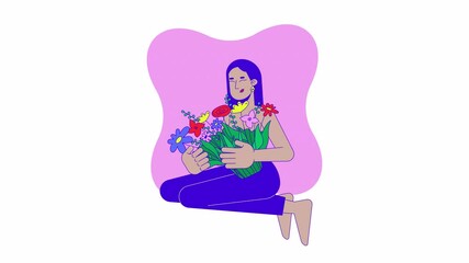 Fototapete - Celebrating strength after lumpectomy 2D animation. 4K video motion graphic. Breast cancer survivor middle eastern woman embracing flowers animated character cartoon flat concept, white background