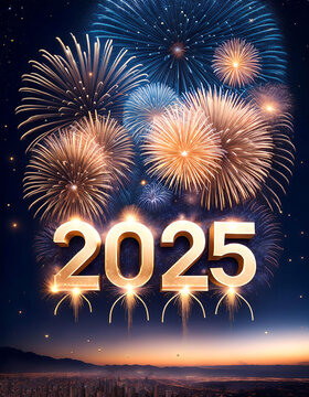combination of the number 2025 with the best design and a combination of festive elements and ornaments such as fireworks exploding among the stars of the night sky floating or flying