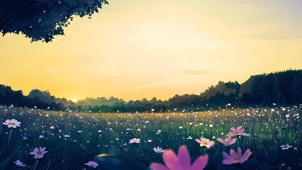 Wall Mural - Cartoon fantasy style of a tranquil sunset over a blooming meadow with soft twilight light. Fairytale colorful hues enhance the peaceful nature scene.