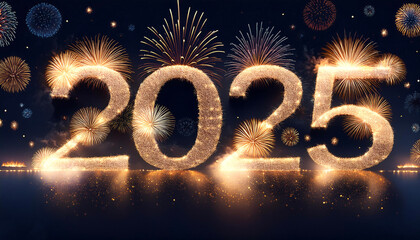 Fototapete - combination of the number 2025 with the best design and a combination of festive elements and ornaments such as fireworks exploding among the stars of the night sky floating or flying