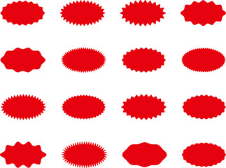 Starburst red sticker set - collection of special offer sale oval and round shaped sunburst labels and badges. Promo stickers with star edges. Vector.