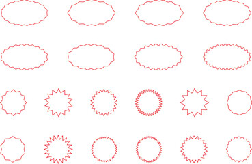 Starburst red sticker set - collection of special offer sale oval and round shaped sunburst labels and badges. Promo stickers with star edges. Vector.