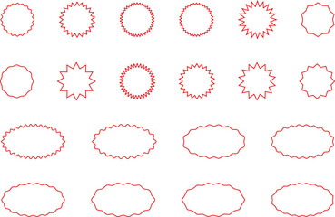 Starburst red sticker set - collection of special offer sale oval and round shaped sunburst labels and badges. Promo stickers with star edges. Vector.