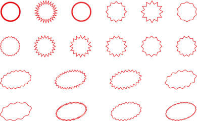 Starburst red sticker set - collection of special offer sale oval and round shaped sunburst labels and badges. Promo stickers with star edges. Vector.