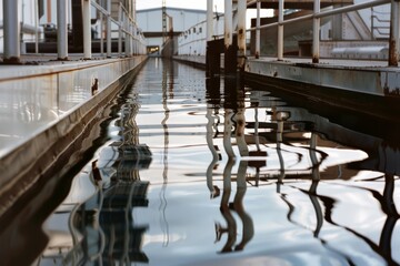 A reflecting water channel between metal structures creates a mirrored pathway, blending urban geometry with serene rhythm.