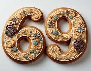 Decorated cookie, number 69, image for birthday or anniversary celebration