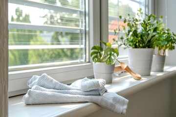 Wall Mural - A serene windowsill adorned with lush green plants and soft folded towels, basking in gentle sunlight through a modern window.