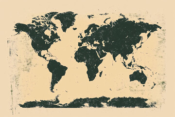 A dark green world map over a faded beige background with a grunge effect offering a vintage and earthy global theme
