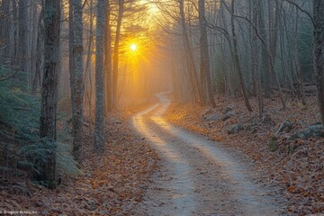 Wall Mural - Sunlit Path Winding Through a Foggy Forest