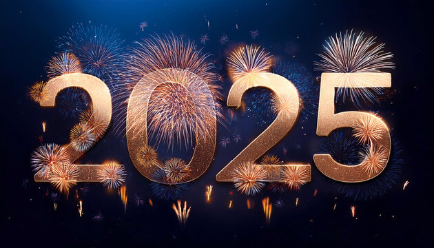 combination of the number 2025 with the best design and a combination of festive elements and ornaments such as fireworks exploding among the stars of the night sky floating or flying