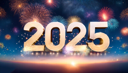 Fototapete - combination of the number 2025 with the best design and a combination of festive elements and ornaments such as fireworks exploding among the stars of the night sky floating or flying