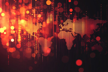 Digital world map illuminated with red and orange light effects creating a glowing abstract network over a dark background
