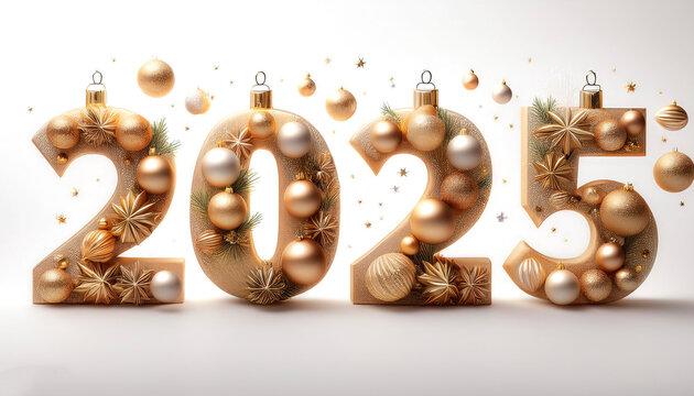 The combination of the number 2025 with the best design and combination of festive elements and ornaments floating or flying isolated white background