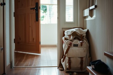 A white backpack leans against a wall in a sunlit entryway with an open wooden door, suggesting travel or school, amid a serene atmosphere.