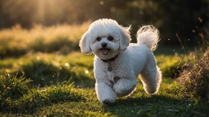 A happy dog running through a sunlit grassy field, showcasing joy and playfulness.