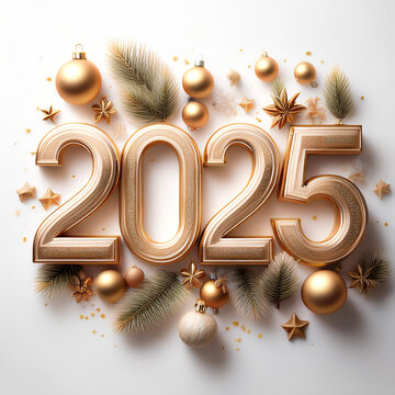 The combination of the number 2025 with the best design and combination of festive elements and ornaments floating or flying isolated white background
