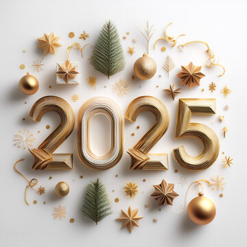 The combination of the number 2025 with the best design and combination of festive elements and ornaments floating or flying isolated white background