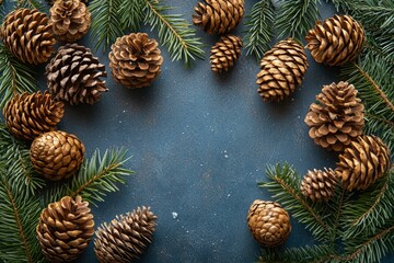 Pine Cones and Evergreen Branches Arranged Around a Blue Surface