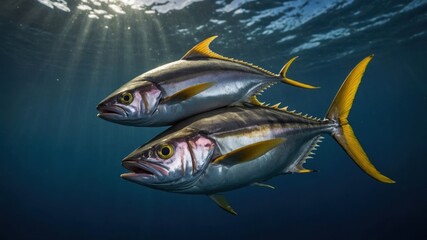 Two vibrant fish swimming underwater, illuminated by sunlight beams.