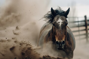 A powerful horse gallops through a whirlwind of dust, its mane swept back by the force of its movement, capturing the raw essence of freedom and strength.