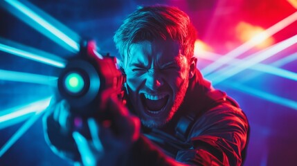 Poster - A man is holding a gun and yelling in a neon colored room