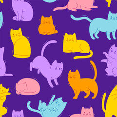 Wall Mural - Colorful cat pattern for kids. Seamless vector bright print with cute kitten in different poses.